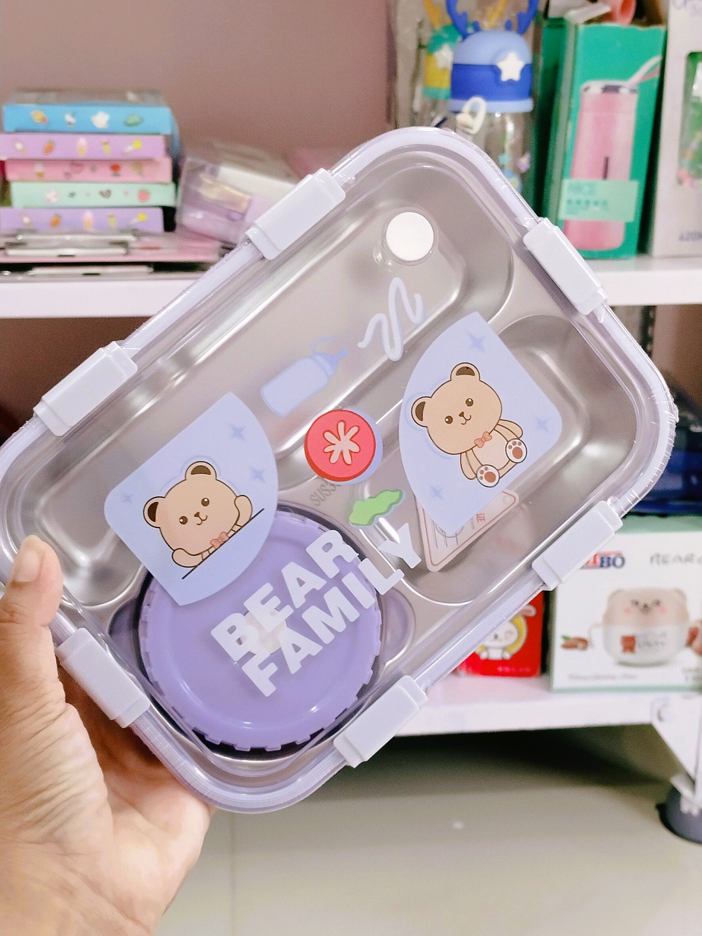 Kawaii Kart Bear Family Stainless Steel Leakage Proof Lunch Box with Fork & Spoon Unbreakable Lid 3 Compartment for School Kids and Adults Durable Perfect Size for Meal, BPA-Free 850 ML