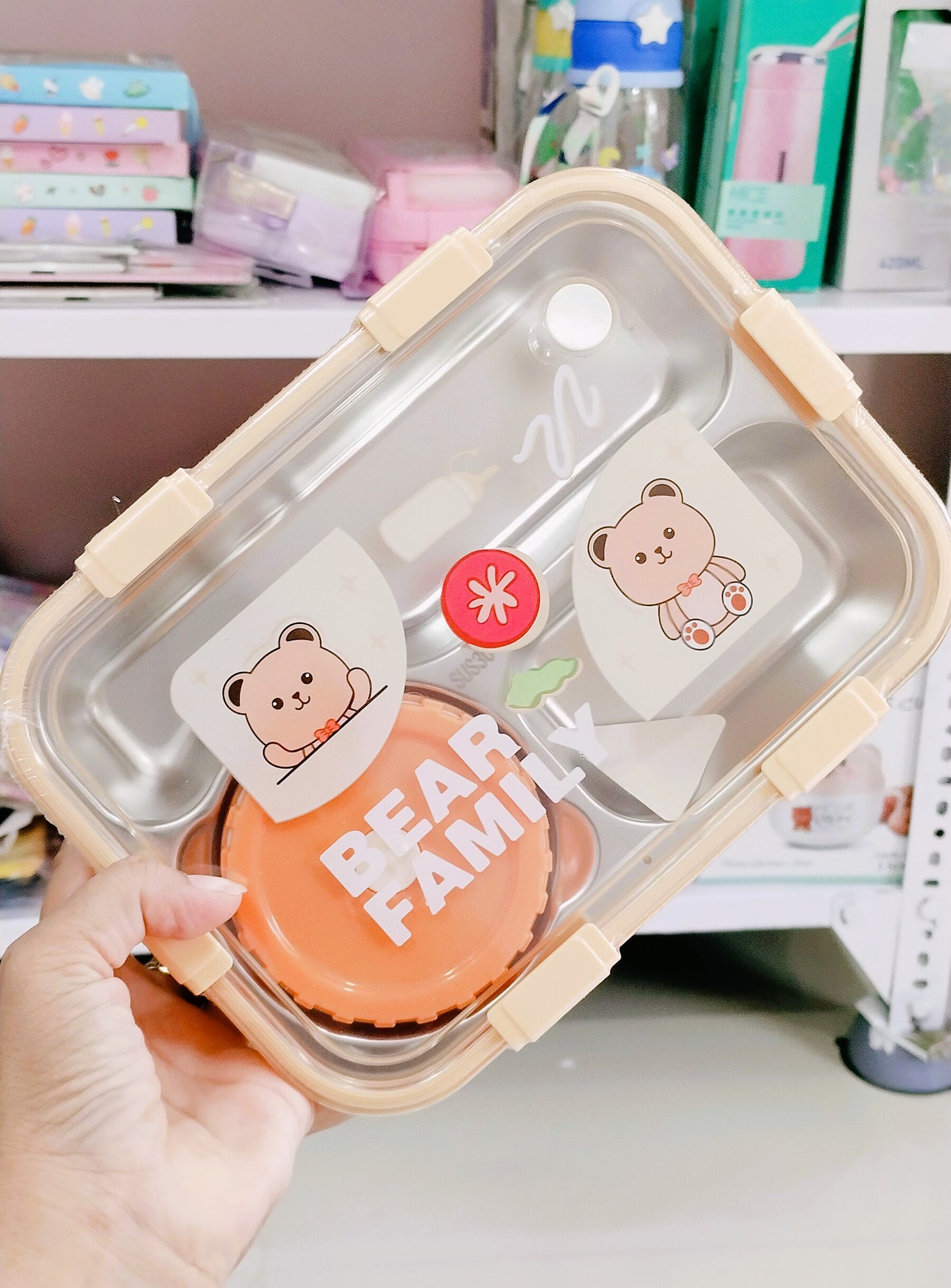 Kawaii Kart Bear Family Stainless Steel Leakage Proof Lunch Box with Fork & Spoon Unbreakable Lid 3 Compartment for School Kids and Adults Durable Perfect Size for Meal, BPA-Free 850 ML