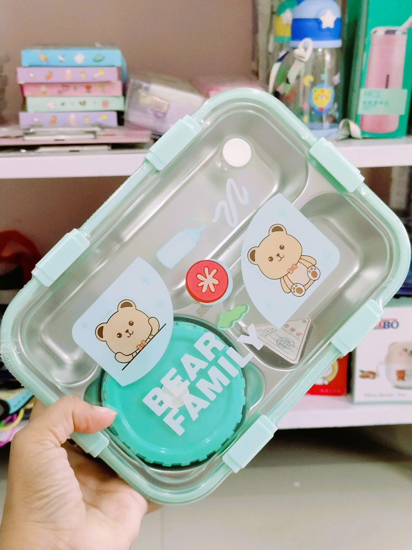 Kawaii Kart Bear Family Stainless Steel Leakage Proof Lunch Box with Fork & Spoon Unbreakable Lid 3 Compartment for School Kids and Adults Durable Perfect Size for Meal, BPA-Free 850 ML