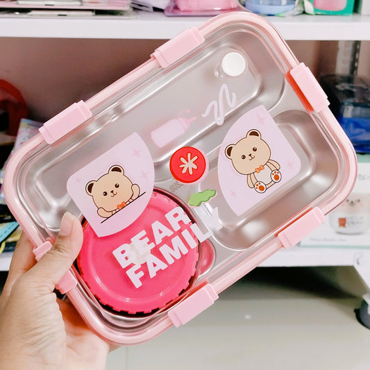 Kawaii Kart Bear Family Stainless Steel Leakage Proof Lunch Box with Fork & Spoon Unbreakable Lid 3 Compartment for School Kids and Adults Durable Perfect Size for Meal, BPA-Free 850 ML