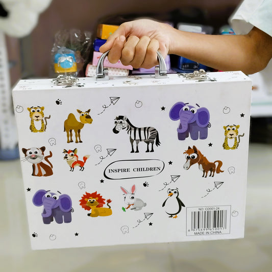 Art Kit For Kids with Multicolor Briefcase which contains 12 Oil Pastel Colors, 10 Water Colors, 12 Sketch Pens and 12 Pencil Colors (Animal)